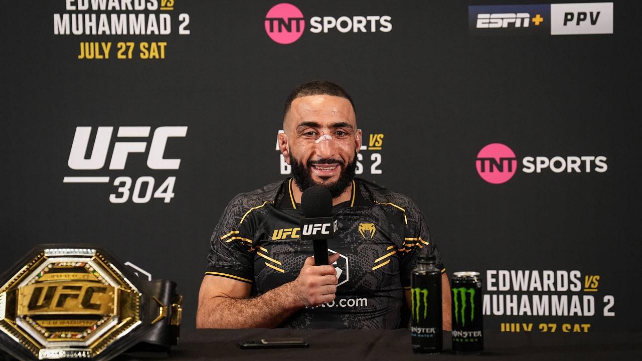 Welterweight champion Belal Muhammad with the belt talks with post event media during the UFC 304 event at Co-op Etihad Campus, SportCity, Manchester, England on the 27 July 2024. Copyright: xAndyxRowlandx PMI-6350-0005