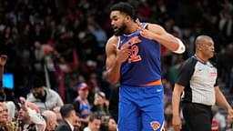 Knicks center Karl-Anthony Towns (32) taunts the Toronto Raptors fans after making a three point basket to clinch a win near the end of the fourth quarter at Scotiabank Arena.