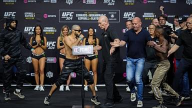 Dana White and security separate Muhammed Mokaev and Manel Kape during the ceremonial weigh-ins during the UFC 304 event at Co-op Etihad Campus, SportCity, England on the 26 July 2024. Copyright: xAndyxRowlandx PMI-6349-0007