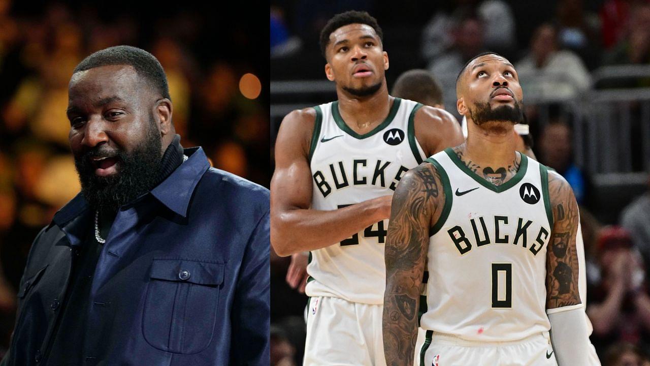 Kendrick Perkins (L), Giannis Antetokounmpo and Damian Lillard (R)