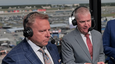 (L-R) NBC Sports play-by-play commentator Leigh Diffey and former NASCAR driver turned broadcaster Jeff Burton.