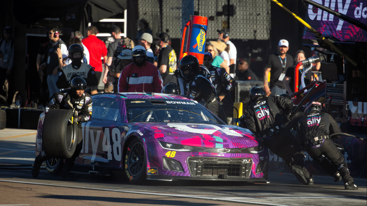 Nov 10, 2024; Avondale, Arizona, USA; NASCAR Cup Series driver Alex Bowman (48) pits during the NASCAR Cup Series Championship race at Phoenix Raceway. Mandatory Credit: Mark J. Rebilas-Imagn Images