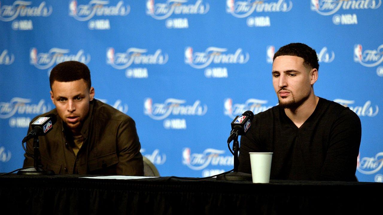 Golden State Warriors guard Stephen Curry (30) and guard Klay Thompson (11) during a press conference after game three of the NBA Finals against the Cleveland Cavaliers at Quicken Loans Arena.