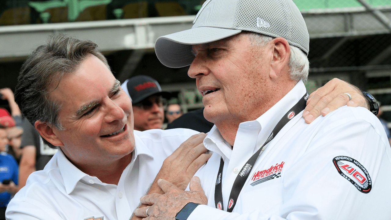 Jeff Gordon celebrates with Rick Hendrick their driver Kyle Larson (5) won the Brickyard 400, Sunday, July 21, 2024, at Indianapolis Motor Speedway.