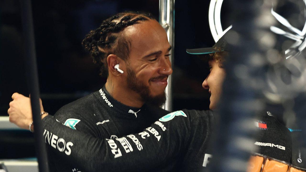 Lewis Hamilton of Mercedes and Andrea Kimi Antonelli before first practice ahead of the Formula 1 Italian Grand Prix at Autodromo Nazionale di Monza