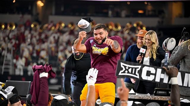 Arizona State Sun Devils running back Cam Skattebo (4) celebrates after the Sun Devils defeat the Iowa State Cyclones at AT&T Stadium.