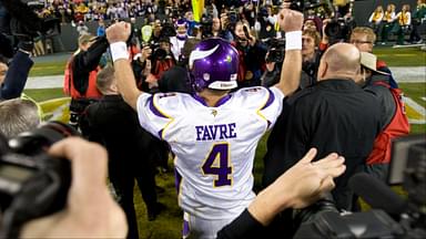 Vikings quarterback Brett Favre (4) celebrates following the game against the Green Bay Packers at Lambeau Field. The Vikings defeated the Packers 38-26.