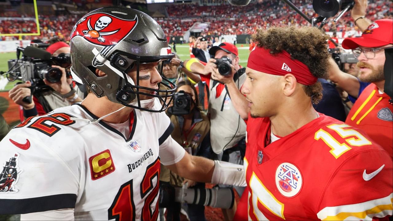 Tampa Bay Buccaneers quarterback Tom Brady (12) greets Kansas City Chiefs quarterback Patrick Mahomes (15) after a game at Raymond James Stadium.