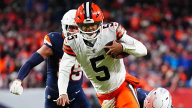 Denver Broncos defensive end Zach Allen (99) tackles Cleveland Browns quarterback Jameis Winston (5) in the second half at Empower Field at Mile High.