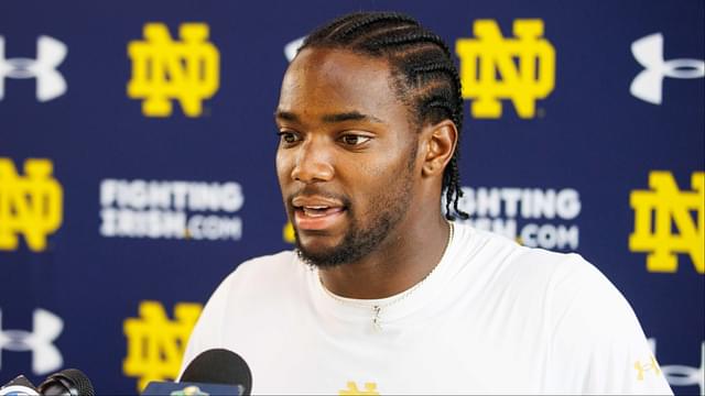 Notre Dame corner back Benjamin Morrison addresses media after a Notre Dame football practice at Irish Athletic Center on Thursday, Aug. 15, 2024, in South Bend.