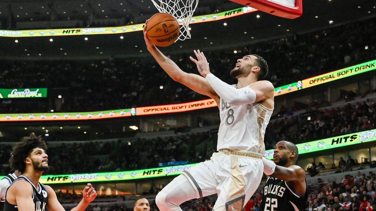 Chicago Bulls guard Zach LaVine (8) shoots against the Milwaukee Bucks during the first half at the United Center.