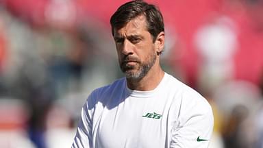 Santa Clara, California, USA; New York Jets quarterback Aaron Rodgers (8) stands on the field before the game against the San Francisco 49ers at Levi's Stadium.