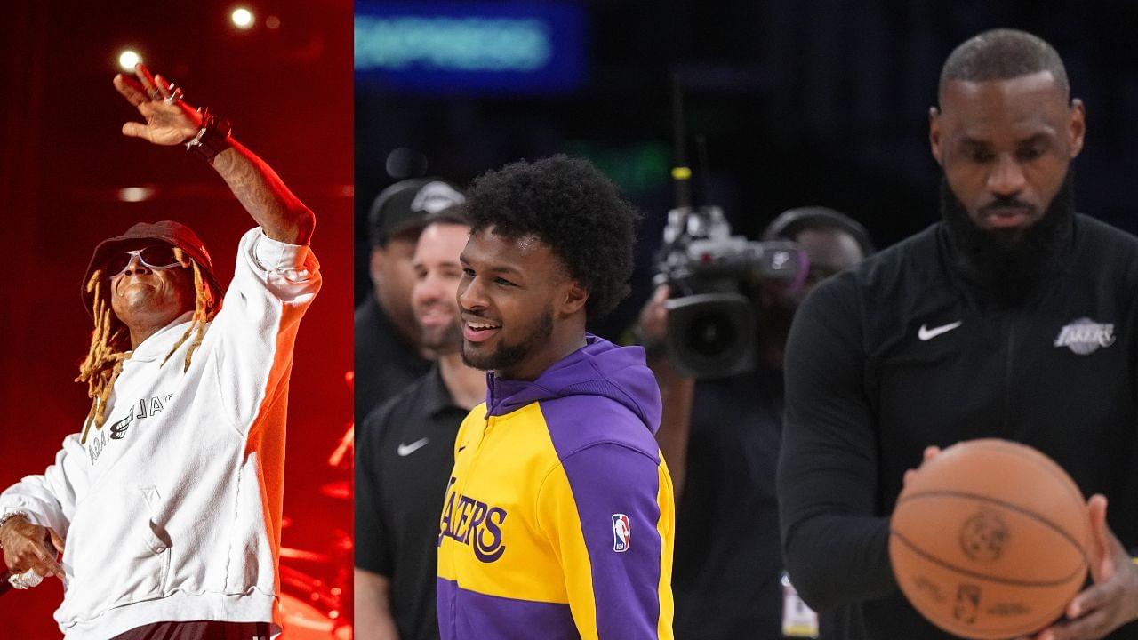 Lil Wayne (L), Lakers' Bronny James and LeBron James (R)