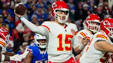 Nov 17, 2024; Orchard Park, New York, USA; Kansas City Chiefs quarterback Patrick Mahomes (15) throws the ball against the Buffalo Bills during the second half at Highmark Stadium.