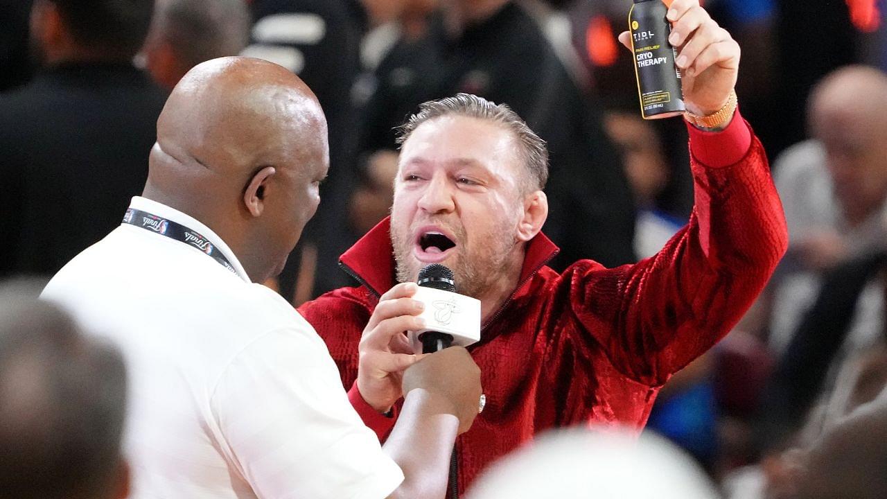 MMA fighter Conor McGregor during halftime in game four of the 2023 NBA Finals between the Miami Heat and Denver Nuggets at Kaseya Center.