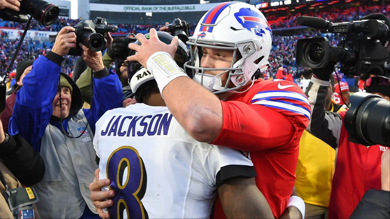 Baltimore Ravens quarterback Lamar Jackson (8) and Buffalo Bills quarterback Josh Allen (17) embrace following the game at New Era Field.