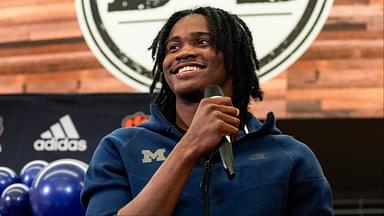 Michigan football signee Bryce Underwood speaks during national signing day at Belleville High School in Belleville on Wednesday, Dec. 4, 2024.