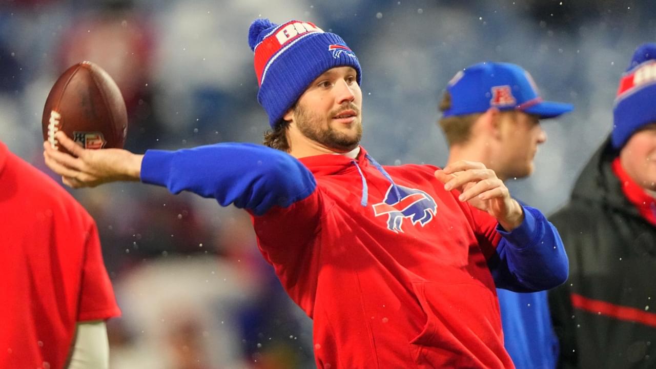 Dec 1, 2024; Orchard Park, New York, USA; Buffalo Bills quarterback Josh Allen (17) warms up prior to the game against the San Francisco 49ers at Highmark Stadium.