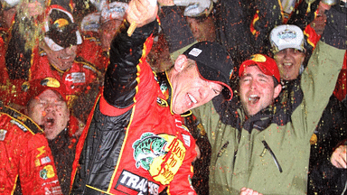 Jamie McMurray celebrates in Victory Lane after winning the Daytona 500 at Daytona International Speedway on Sunday, Feb. 14, 2010.