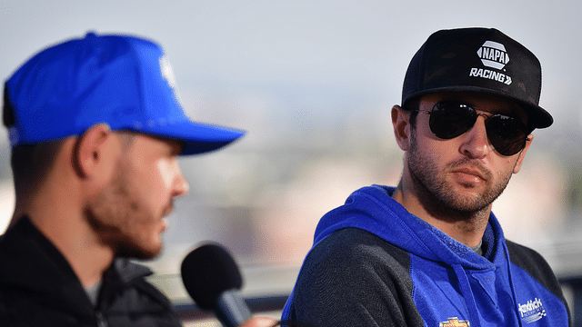 NASCAR Cup Series driver Chase Elliott (9) and driver Kyle Larson (5) during media availabilities at Los Angeles Memorial Coliseum.