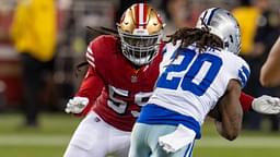 Oct 27, 2024; Santa Clara, California, USA; Dallas Cowboys running back Dalvin Cook (20) is tackled by San Francisco 49ers linebacker De'Vondre Campbell (59) during the third quarter at Levi's Stadium.