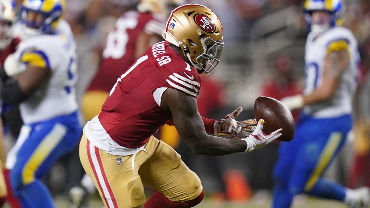 Dec 12, 2024; Santa Clara, California, USA; San Francisco 49ers wide receiver Deebo Samuel Sr. (1) drops the ball after attempting to make a catch against the Los Angeles Rams in the third quarter at Levi's Stadium.