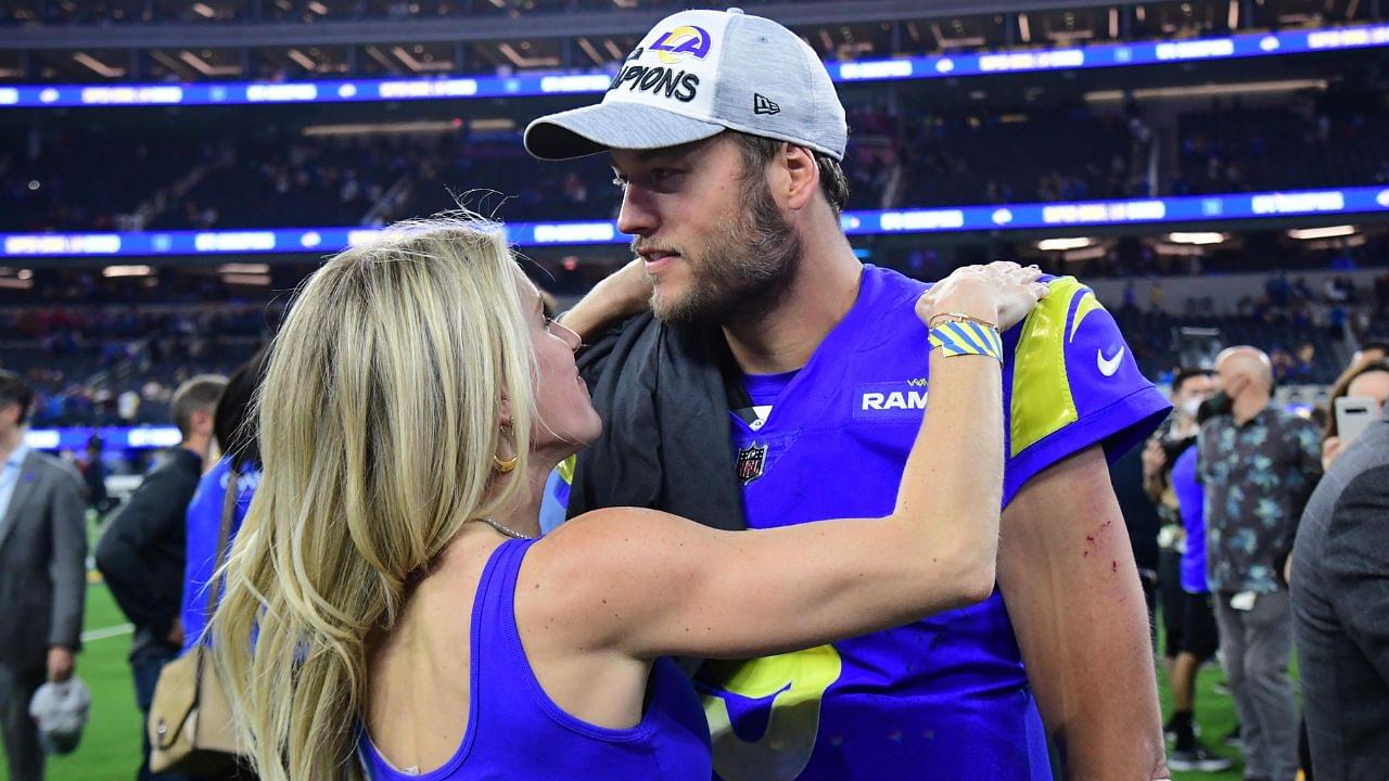 Los Angeles Rams quarterback Matthew Stafford (9) with wife Kelly Hall after defeating the San Francisco 49ers in the NFC Championship Game at SoFi Stadium.