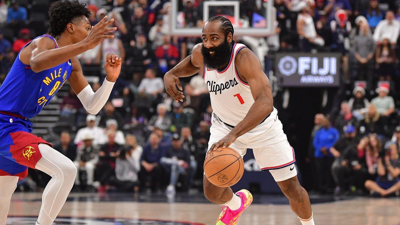 Los Angeles Clippers guard James Harden (1) moves to the basket against Denver Nuggets forward Peyton Watson (8) during the first half at Intuit Dome.