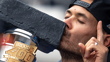 NASCAR Cup Series driver Kyle Larson (5) celebrates after winning the 30th running of the Brickyard 400, Sunday, July 21, 2024, at Indianapolis Motor Speedway.