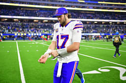 Buffalo Bills quarterback Josh Allen (17) reacts following the loss against the Los Angeles Rams at SoFi Stadium.