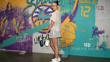 LA Sparks forward Dearica Hamby poses before the game against the Phoenix Mercury at Crypto.com Arena.