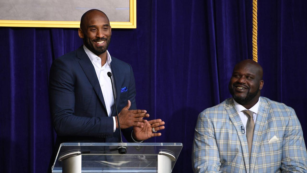 Kobe Bryant (left) speaks during ceremony to unveil statue of Los Angeles Lakers former center Shaquille O'Neal at Staples Center.