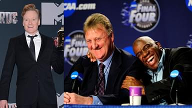 Conan O'Brien (L), Magic Johnson and Larry Bird (R)