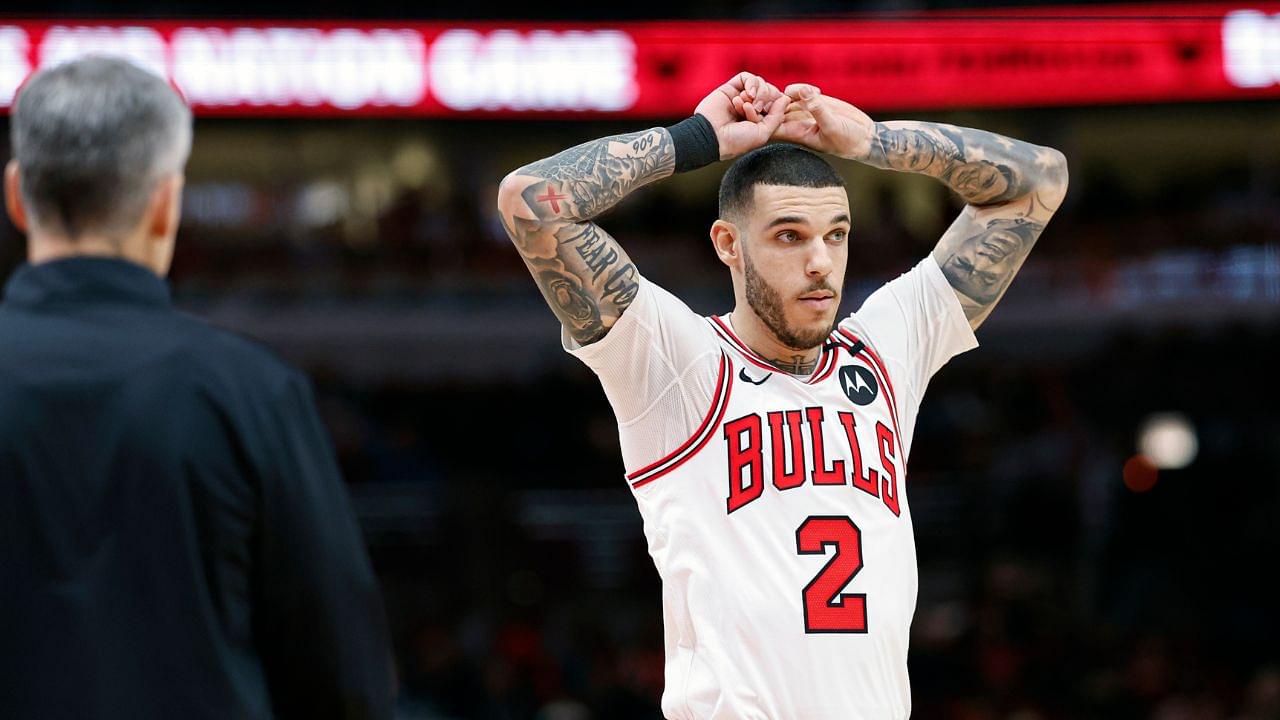 Chicago Bulls guard Lonzo Ball (2) reacts during the second half of a basketball game against the Philadelphia 76ers at United Center