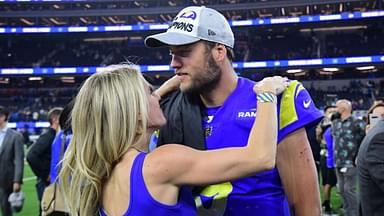 Los Angeles Rams quarterback Matthew Stafford (9) with wife Kelly Hall after defeating the San Francisco 49ers in the NFC Championship Game at SoFi Stadium.