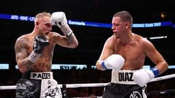 Jake Paul (left) fights against Nate Diaz in a boxing match at American Airlines Center.