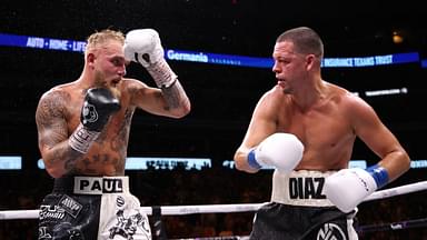 Jake Paul (left) fights against Nate Diaz in a boxing match at American Airlines Center.