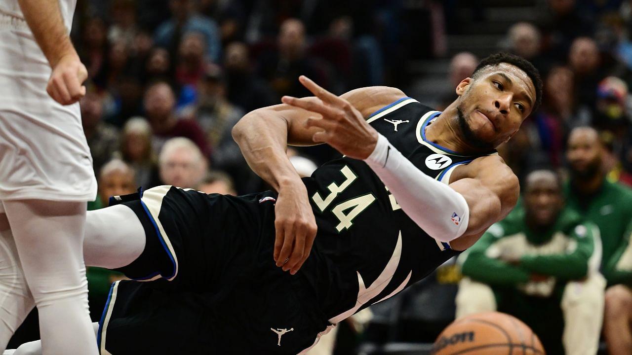 Milwaukee Bucks forward Giannis Antetokounmpo (34) tries to save the ball from going out of bounds during the first half against the Cleveland Cavaliers at Rocket Mortgage FieldHouse.