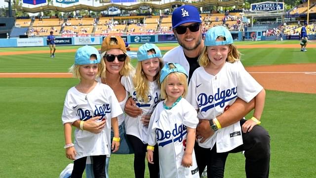 Los Angeles Rams quarterback Matthew Stafford (9) with his wife Kelly with their 4 daughters on the field prior to the game between the Los Angeles Dodgers and the Atlanta Braves at Dodger Stadium. Stafford was at the game on Rams day.