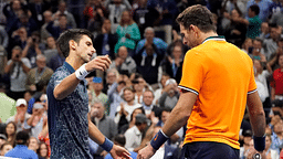 Novak Djokovic of Serbia (left) greets Juan Martin del Potro of Argentina after the men's final on day fourteen of the 2018 U.S. Open