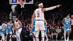 New York Knicks guard Josh Hart (3) reacts during the first half against the Charlotte Hornets at Madison Square Garden