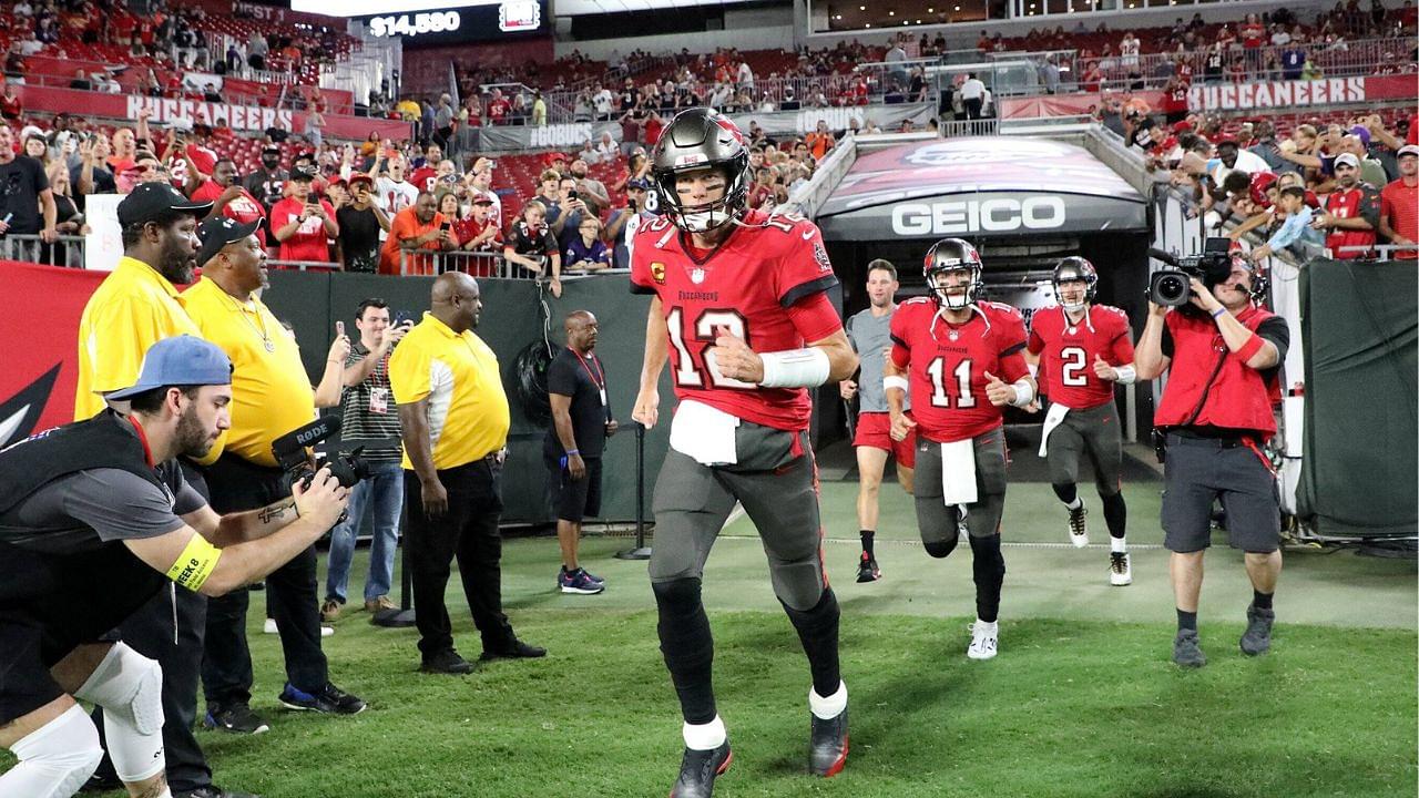 Tampa Bay Buccaneers quarterback Tom Brady (12) arrives on the field before the start of the game between the Tampa Bay Buccaneers and the Baltimore Ravens