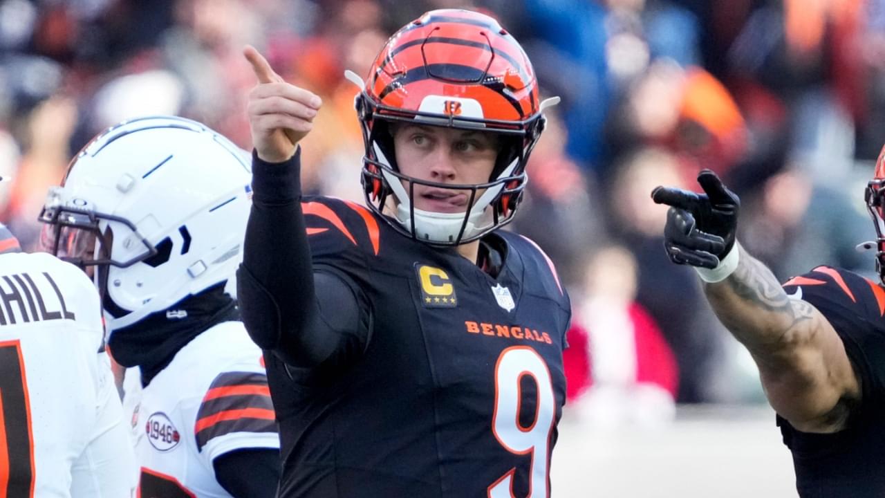 Cincinnati Bengals quarterback Joe Burrow (9) and running back Chase Brown (30) celebrate after a first down run by Burrow in the second quarter of the NFL Week 16 game between the Cincinnati Bengals and the Cleveland Browns at Paycor Stadium in downtown Cincinnati on Sunday, Dec. 22, 2024. The Bengals led 17-0 at halftime.