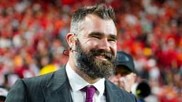 Former NFL player and ESPN commentator Jason Kelce on the sidelines during the first half of the game between the Kansas City Chiefs and Tampa Bay Buccaneers at GEHA Field at Arrowhead Stadium.