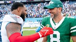 Tennessee Titans defensive tackle Jeffery Simmons (98) and New York Jets quarterback Aaron Rodgers (8) talk after their game at Nissan Stadium in Nashville, Tenn., Sunday, Sept. 15, 2024. The visiting Jets came out on top 24-17.