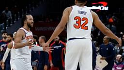 New York Knicks guard Jalen Brunson (11) celebrates with Knicks center Karl-Anthony Towns (32) against the Washington Wizards in the fourth quarter at Capital One Arena.