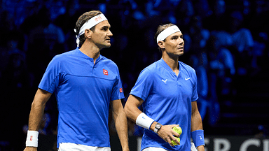 Roger Federer (SUI) and doubles partner Rafael Nadal (ESP) react while playing against Jack Sock (USA) and Frances Tiafoe in a Laver Cup tennis match