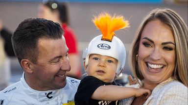 NASCAR Xfinity Series driver AJ Allmendinger with wife Tara Allmendinger and son Aero Allmendinger during the Championship race at Phoenix Raceway.