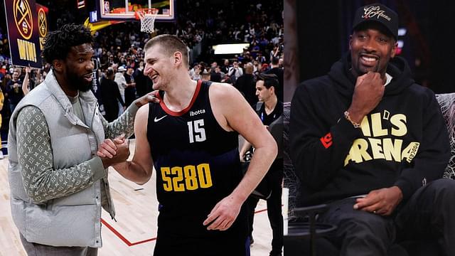 Joel Embiid and Nikola Jokic (L) and Gilbert Arenas (R)