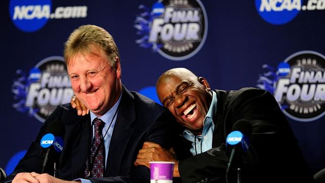 Michigan State Spartans and NBA former player Magic Johnson (right) hugs NBA former player Larry Bird (left) during a press conference before the championship game of the Final Four in the 2009 NCAA mens basketball tournament against the North Carolina Tar Heels at Ford Field.